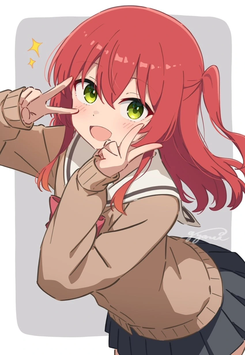 Image displays Kita Ikuyo from Bocchi the Rock!, showing her in her beige-ish school cardigan, black pleated skirt and red bow on her sailor shirt collar. Kita features long red hair with split bangs and a small fishtail at the left of her hair and green eyes. She is posing in a photographic way, showing two V signs in front of her cheeks and wears a very smiley expression. In the background on the top left is a pair of yellow stars to show her sparkly attitude in the picture.