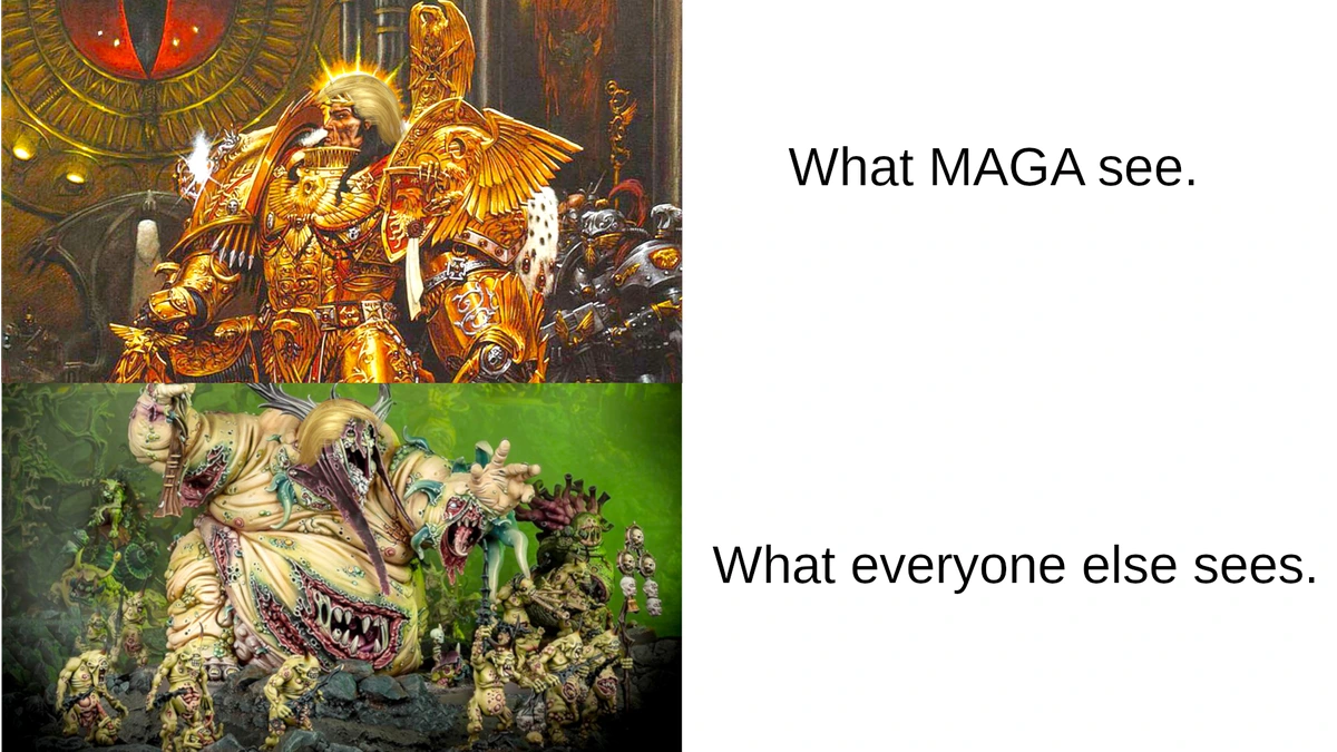 40k emperor with trump hair vs. nurgle with trump hair, text says: what maga see and what everyone else sees.