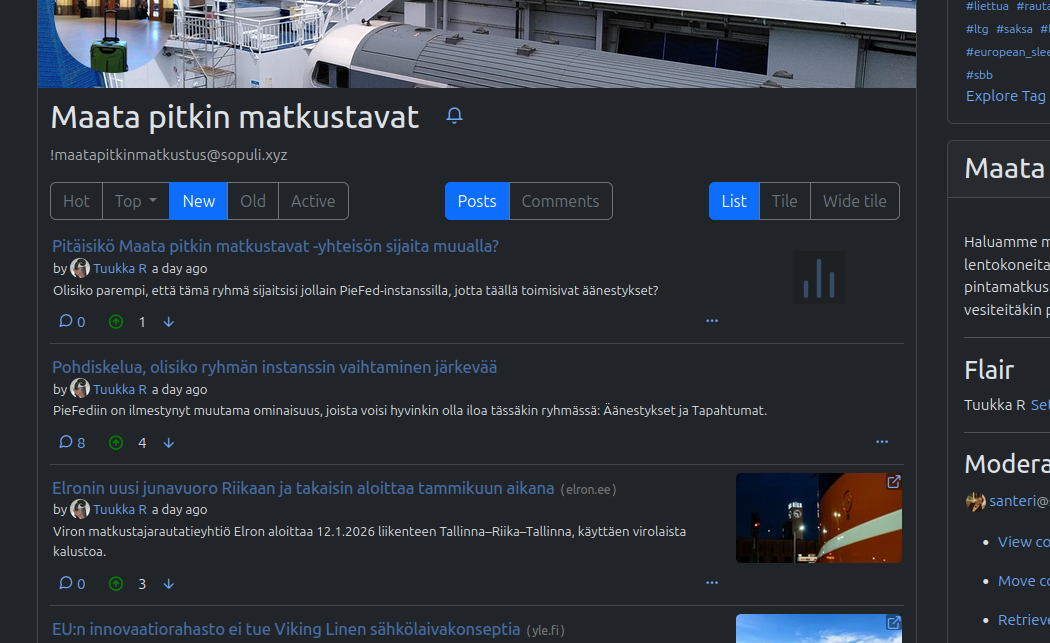 Kuvankaappaus, jossa näkyy listassa joukko tämän yhteisön aloituksia ja niiden joukossa myös yksi äänestys