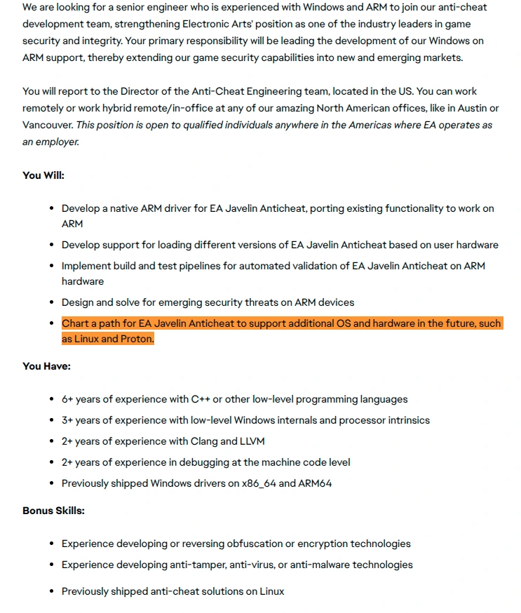 EA is hiring a Senior Anti-Cheat Engineer to lead development of a native ARM64 driver for their Javelin kernel anti-cheat system and start laying groundwork for Linux/Proton support