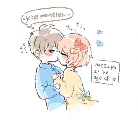 Caption: "MCSayo at the age of 5" | 5yo Sayori kissing 5yo MC | MC thinking "kiss monster..."