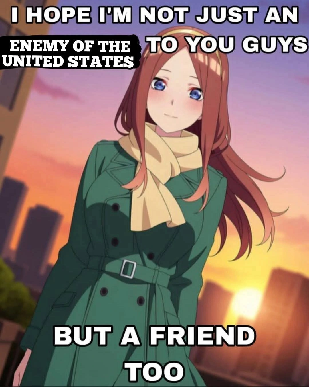 "I hope I'm not just an enemy of the united states to you guys, but a friend too" says a hopeful anime girl