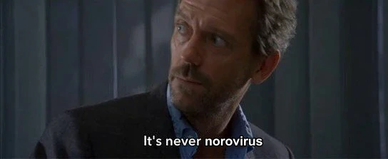 Screenshot of the scene from House M.D. where House says “It’s never lupus”, but the text has been edited to read “It’s never norovirus”